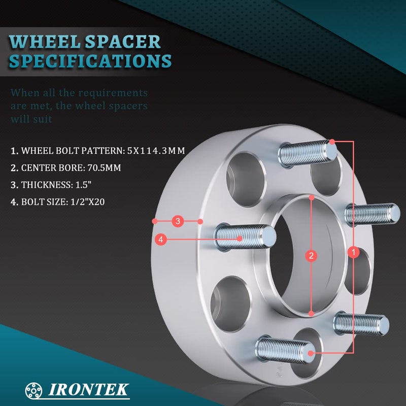 IRONTEK 1.5'' 5x114.3mm Wheel Spacers for Ford Lincoln Mazda 5x4.5" Hubcentric Wheel Spacers (1/2"x20 Studs, 70.5mm Hub Bore) for Ford Mach I/Mustang/Edge/Crown Victoria Mazda Navajo/B2500/B3000/B4000 - Image 3